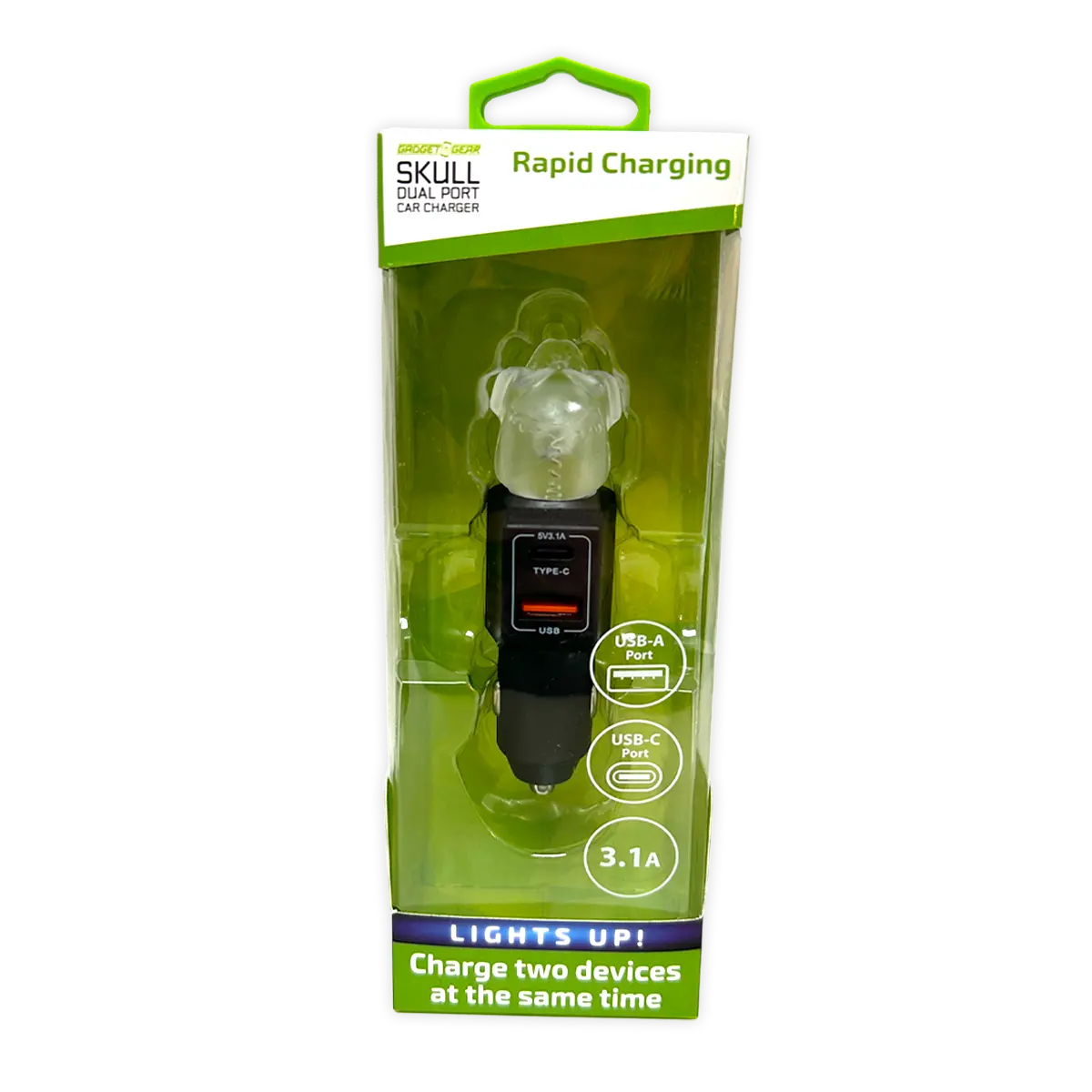 Car Charger Dual Port USB / USB-C LED Skull 3.1 Amp - 3 Pieces Per Pack 41785 GADGET GEAR