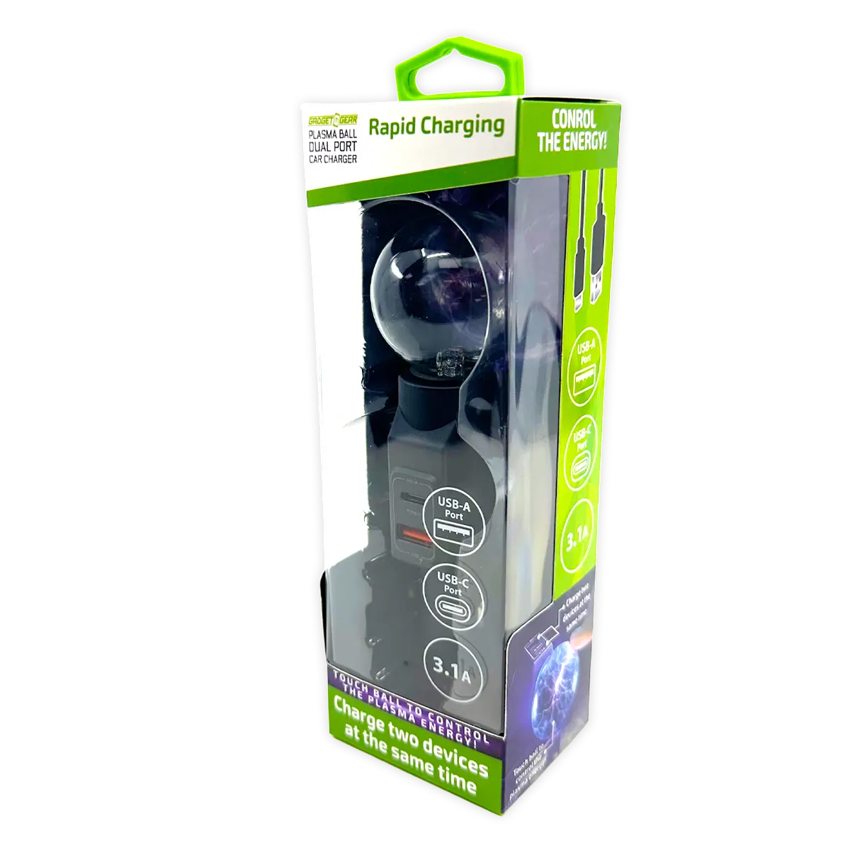 Car Charger Dual Port USB-A/USB-C 3.1-Amp Plasma Ball - 3 Pieces Per Pack 41786 GADGET GEAR
