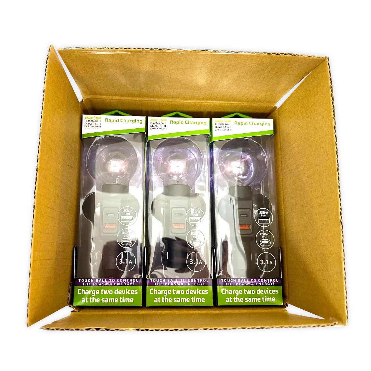 Car Charger Dual Port USB-A/USB-C 3.1-Amp Plasma Ball - 3 Pieces Per Pack 41786 GADGET GEAR