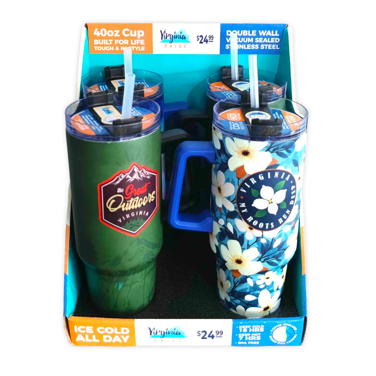 40 oz Stainless-Steel Insulated Printed Cup Virginia Floor Display - 12 Pieces Per Retail Ready Display 88561 ROUGHNECK