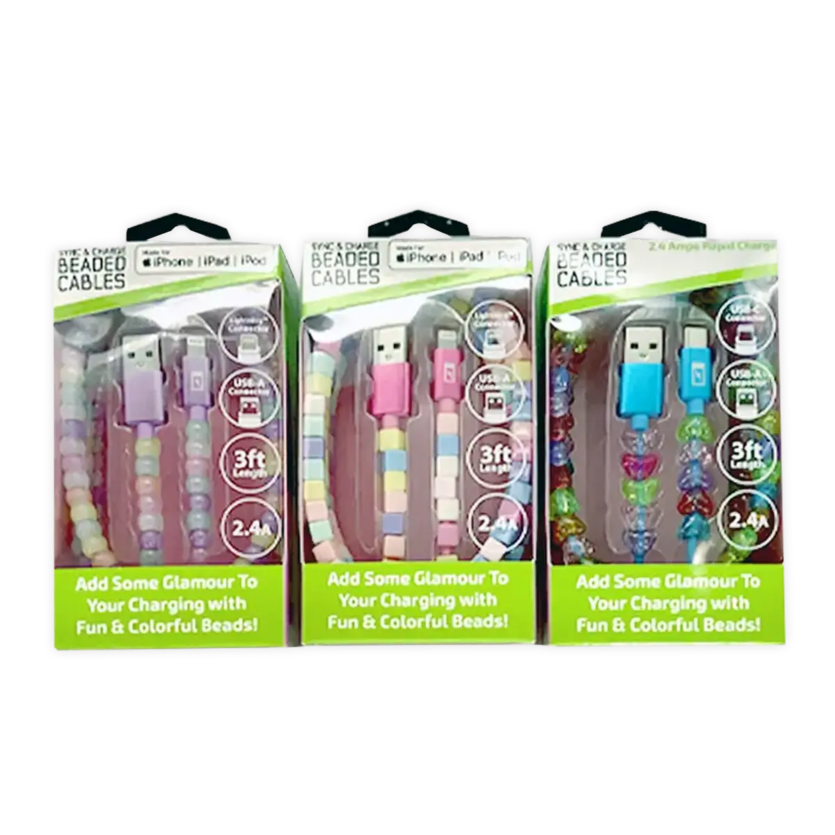Beaded Charging Cable Assortment 3FT - 6 Pieces Per Retail Ready Display 88568 GADGET GEAR