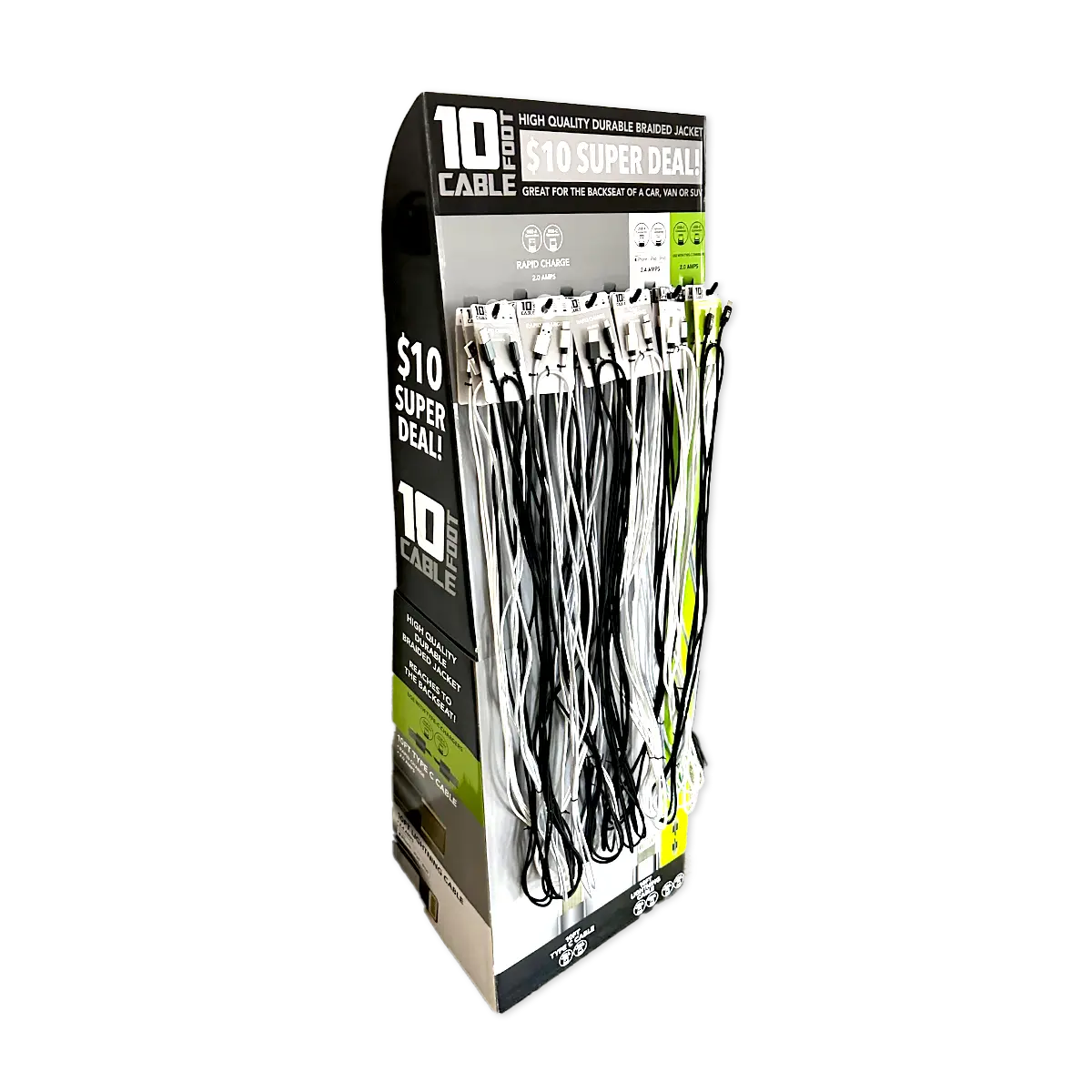 10FT Braided Sync and Charge Cable Assortment Floor Display - 24 Pieces Per Retail Ready Display 88585 GADGET GEAR