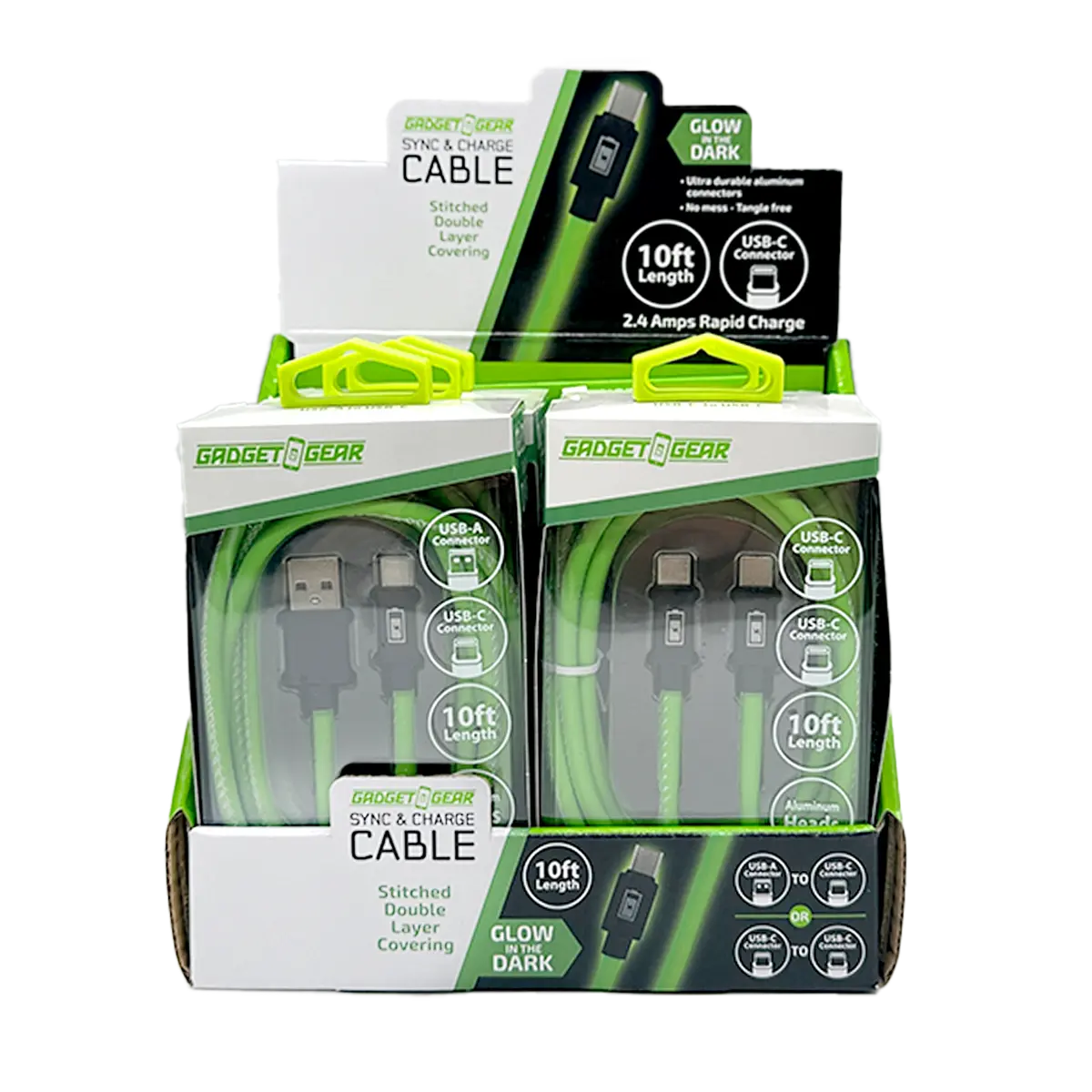 Charging Cable Glow in The Dark Assortment 10FT - 6 Pieces Per Retail Ready Display 88589 GADGET GEAR