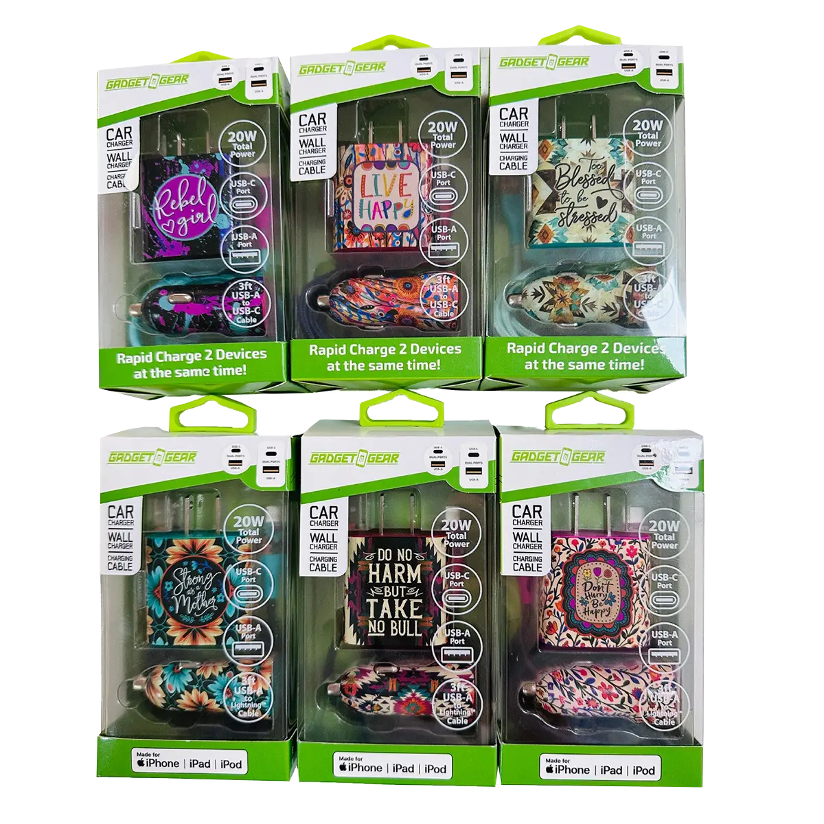 Charging Tech Set USB-C / Lightning Cable Assortment 3FT 20 Watts - 6 Pieces Per Retail Ready Display 88601 GADGET GEAR