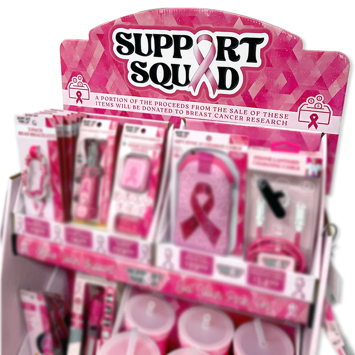 Breast Cancer Awareness Pink Support Squad Assortment Floor Display - 50 Pieces Per Retail Ready Display 88609 NOVELTY INC