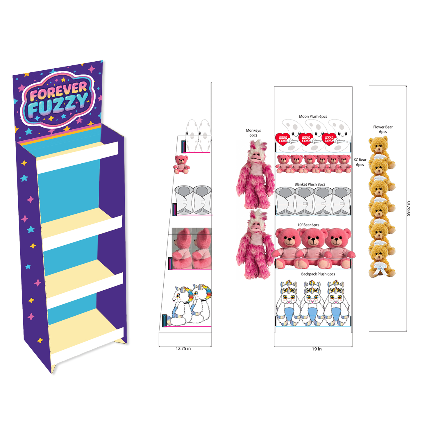 Forever Fuzzy Plush Assortment Floor Display - 44 Pieces Per Retail Ready Display Kit 88613 NOVELTY INC