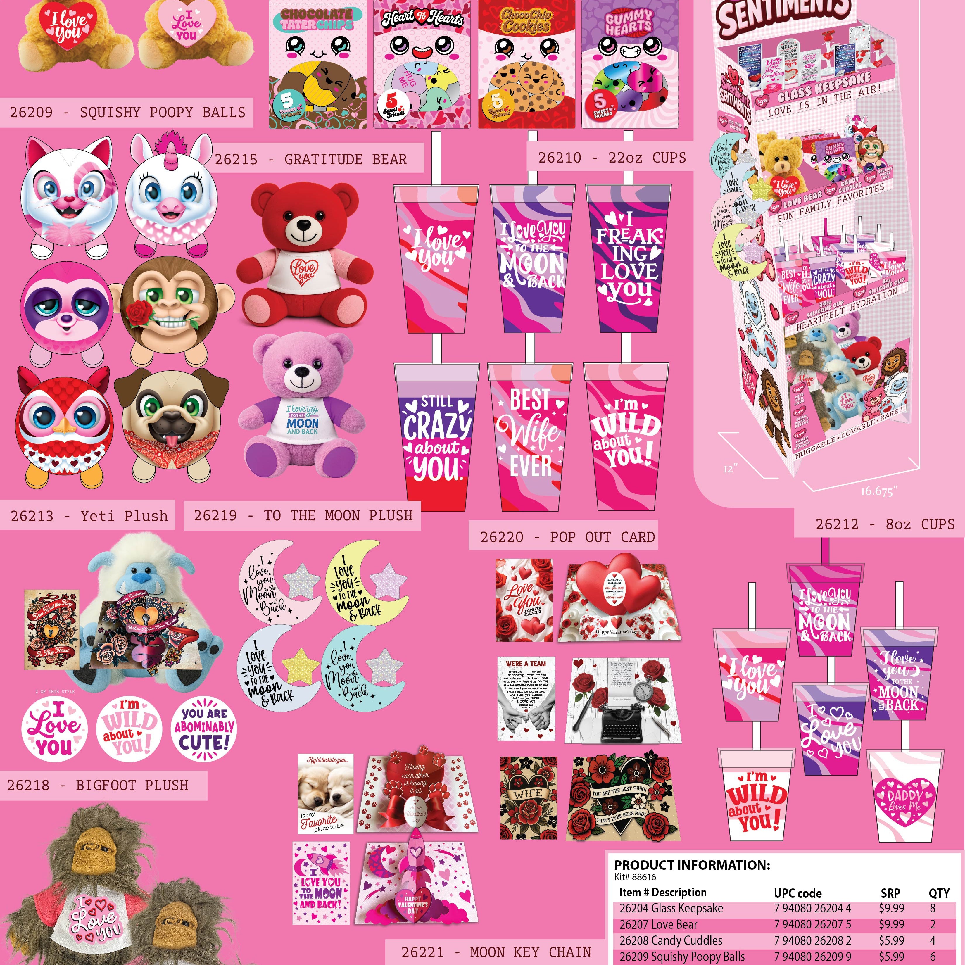 Valentines Day Glass Plush and Gift Assortment Floor Display - 56 Pieces Per Retail Ready Display Kit 88616 NOVELTY INC