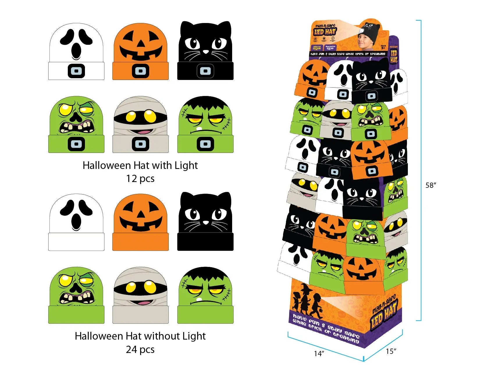Halloween Knit Hat Beanie LED Light Assortment Floor Display - 36 Pieces Per Retail Ready Display  88463 KIPP BROTHERS