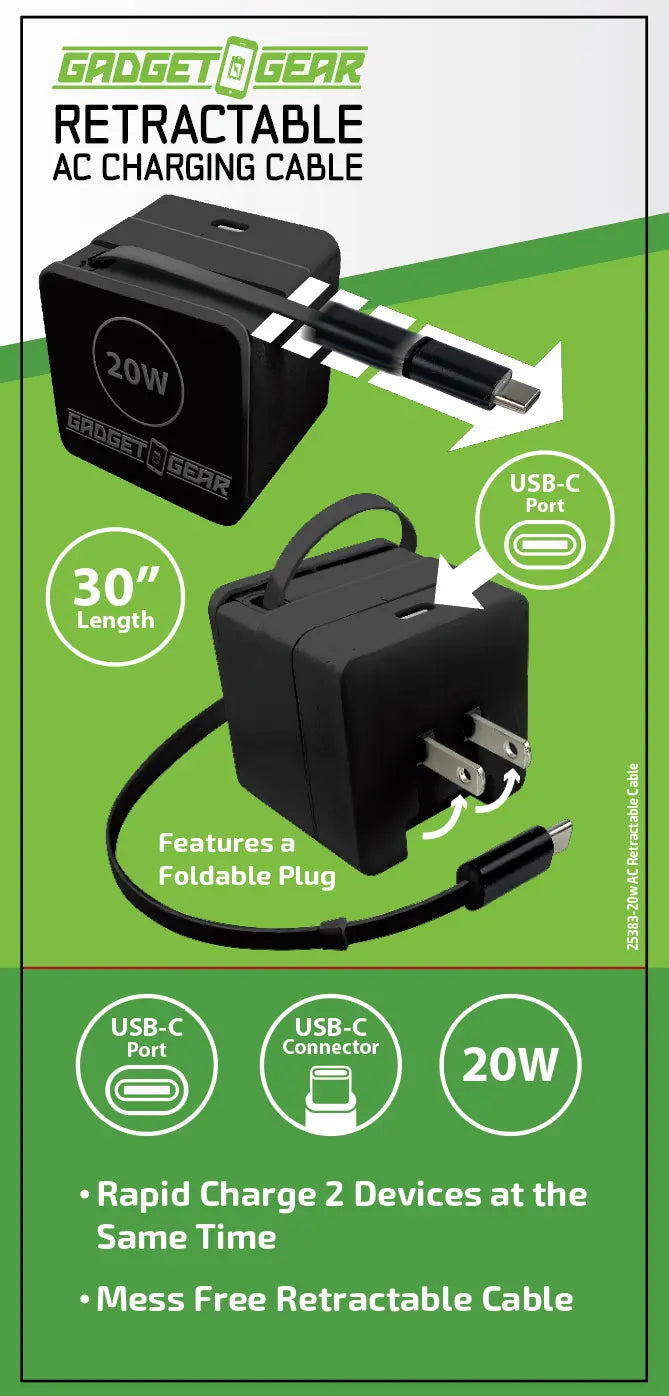 Retractable 30" Charger AC Dual Port USB-C 20 Watts - 6 Pieces Per Retail Ready Display 25383 GADGET GEAR
