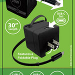 Retractable 30" Charger AC Dual Port USB-C 20 Watts - 6 Pieces Per Retail Ready Display 25383 GADGET GEAR