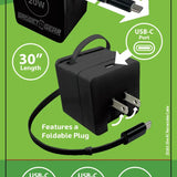 Retractable 30" Charger AC Dual Port USB-C 20 Watts - 6 Pieces Per Retail Ready Display 25383 GADGET GEAR