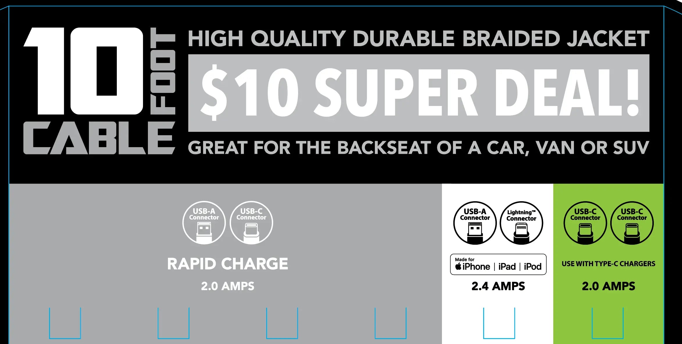 10FT Braided Sync and Charge Cable Assortment Floor Display - 24 Pieces Per Retail Ready Display 88585 GADGET GEAR