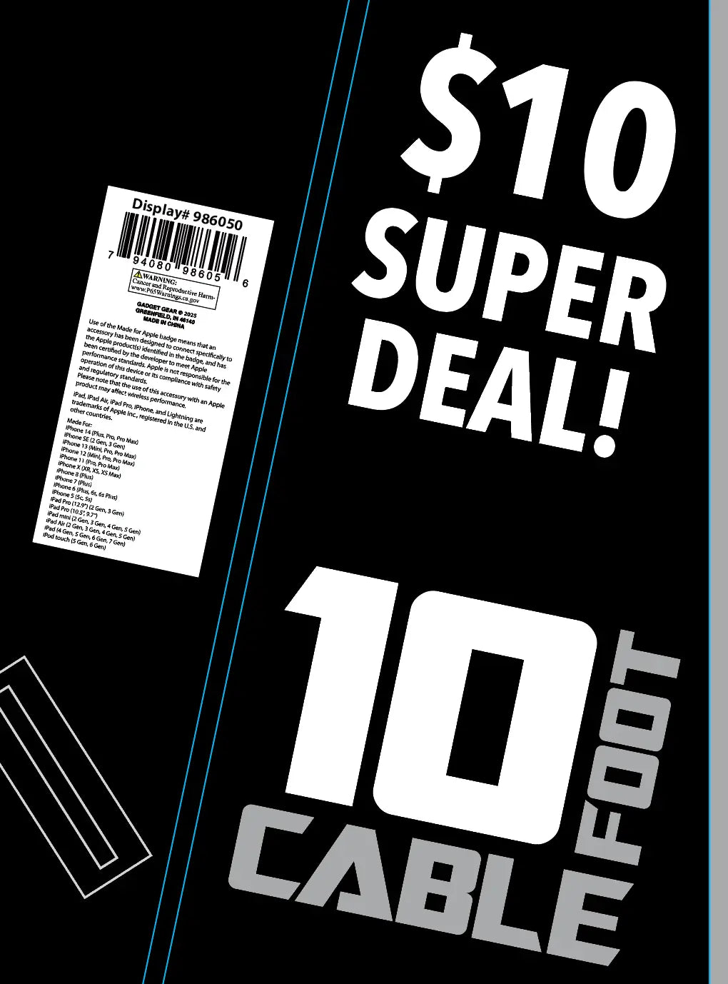 10FT Braided Sync and Charge Cable Assortment Floor Display - 24 Pieces Per Retail Ready Display 88585 GADGET GEAR