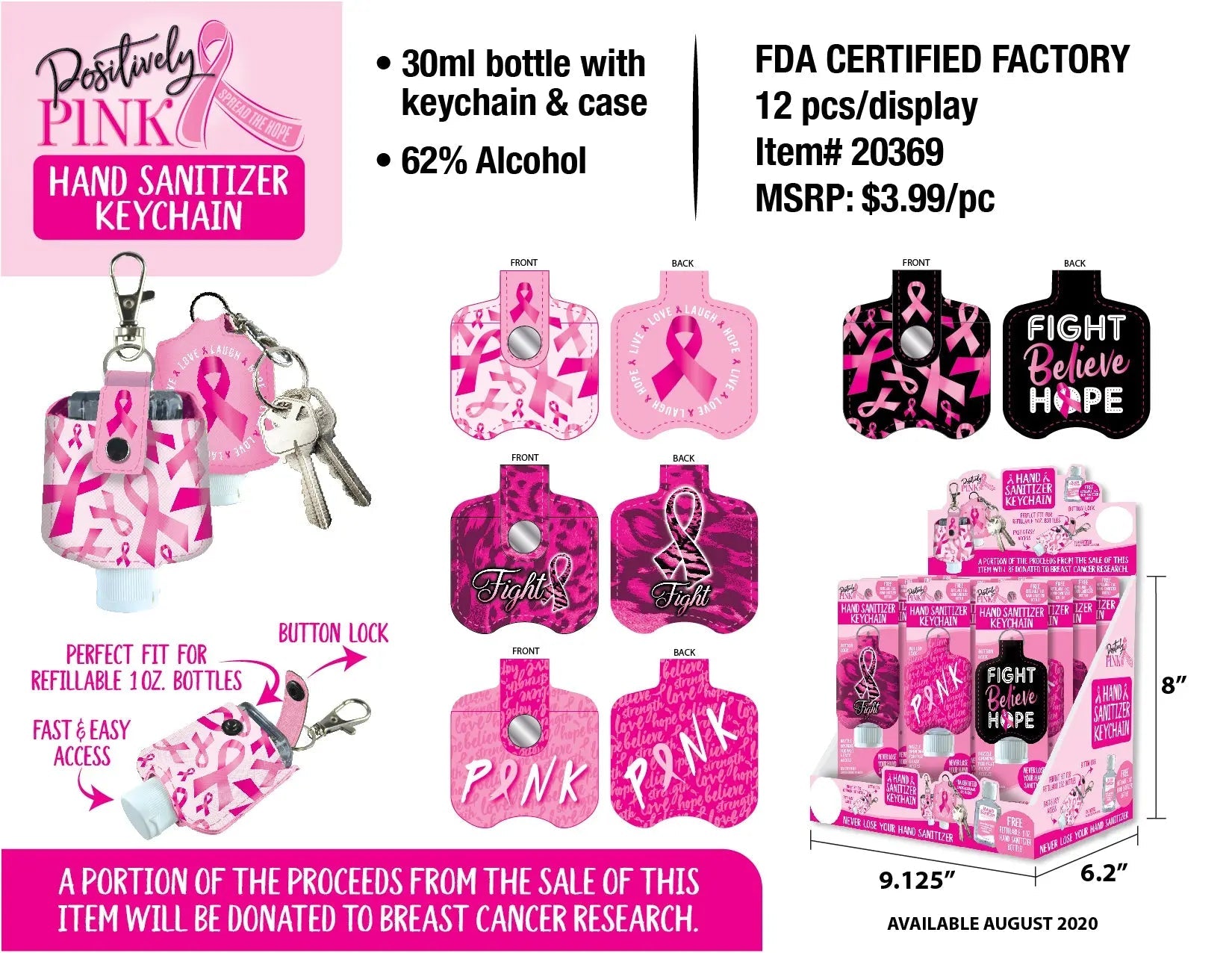Breast Cancer Awareness Pink Hand Sanitizer Key Chain - 12 Pieces Per Retail Ready Display 20369 KIPP BROTHERS