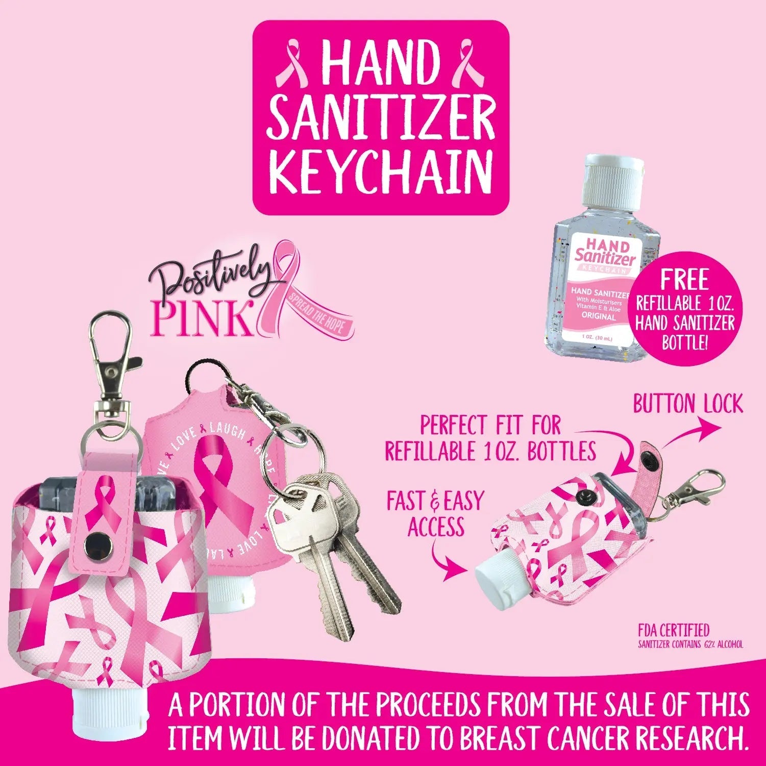 Breast Cancer Awareness Pink Hand Sanitizer Key Chain - 12 Pieces Per Retail Ready Display 20369 KIPP BROTHERS