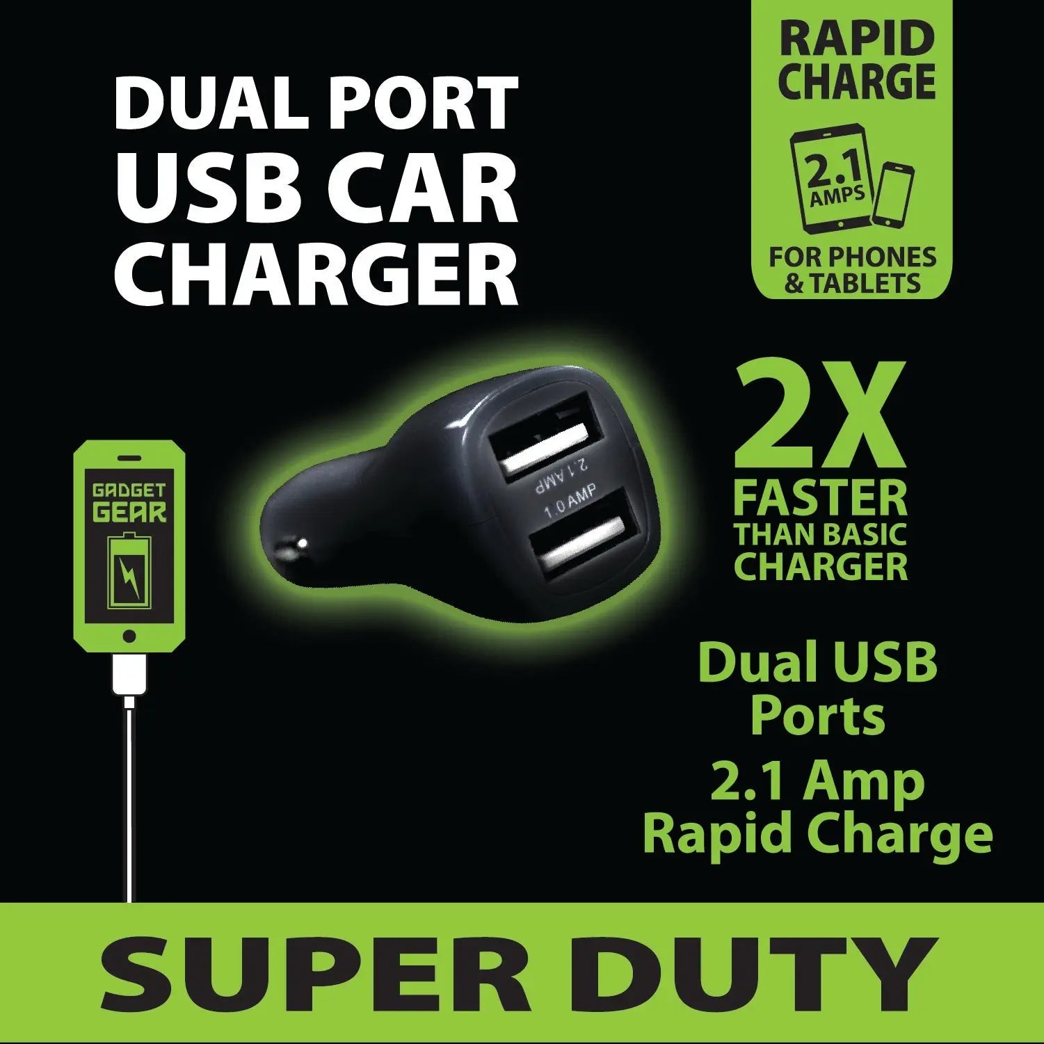 Car Charger with Dual USB Ports 2.1 Amp - 3 Pieces Per Pack 20515 GADGET GEAR