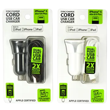 Car Charger with USB to Lightning Charging Cable Set 2.4 Amp - 2 Pieces Per Pack 21098 GADGET GEAR