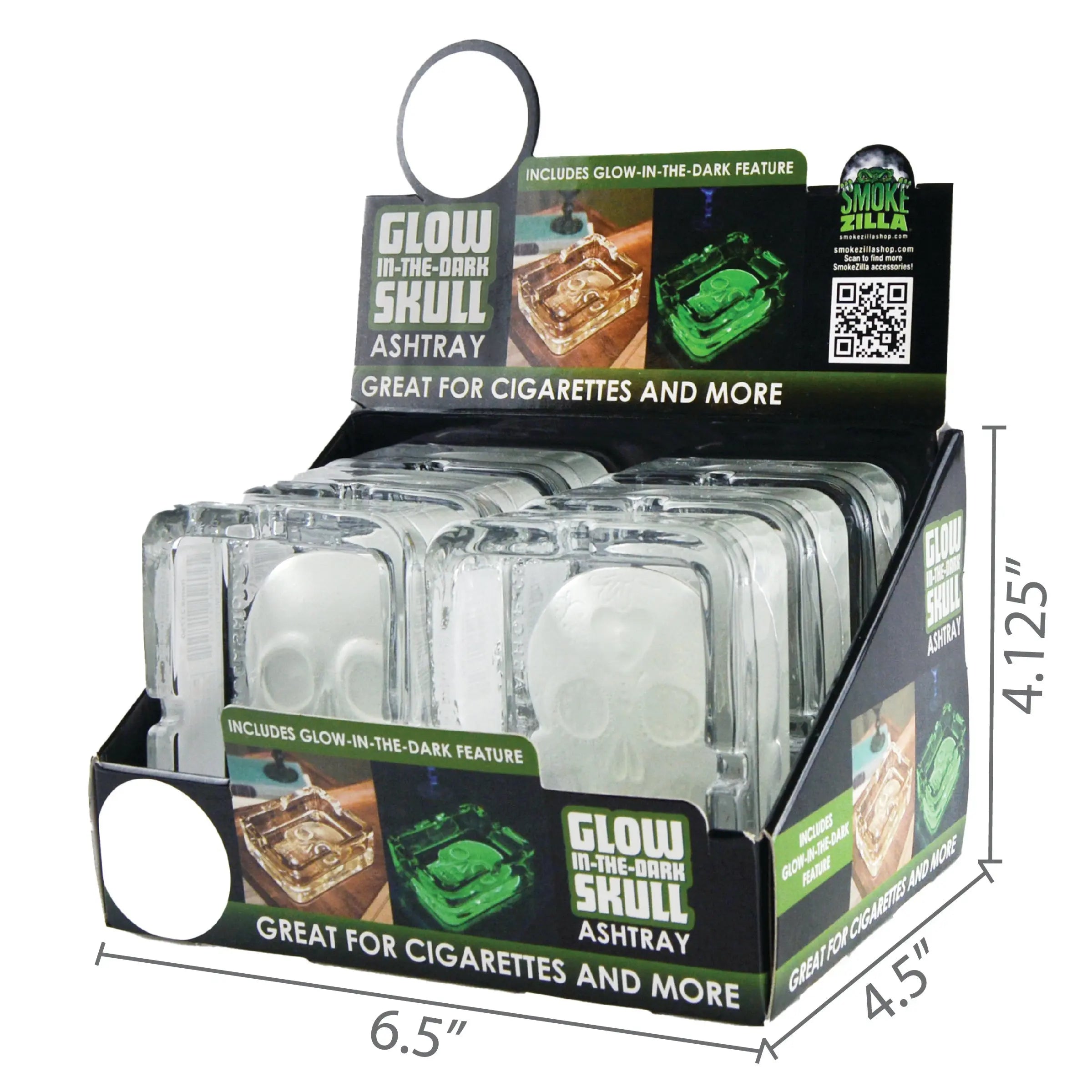 Glow in The Dark Skull Glass Ashtray - 6 Per Retail Ready Display 21750 SMOKEZILLA
