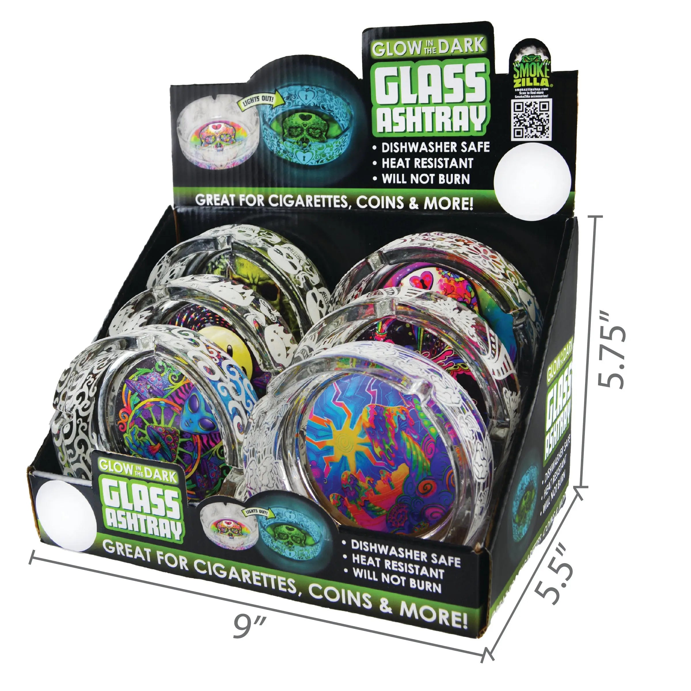 Glass Glow in The Dark Ashtray - 6 Per Retail Ready Display 21812 SMOKEZILLA