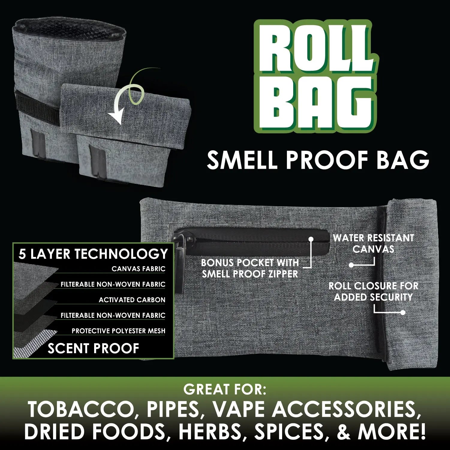 Smell Proof Canvas Roll Bag - 6 Pieces Per Retail Ready Display 21829 SMOKEZILLA