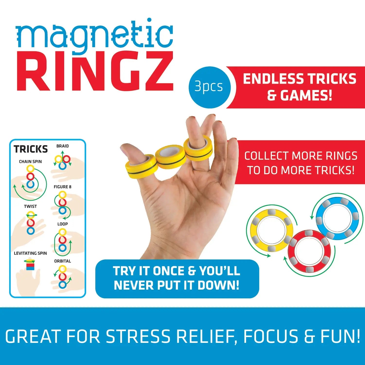 Fidget Magnetic Ring 3 Pack Set - 12 Pieces Per Retail Ready Display 21919 KIPP BROTHERS