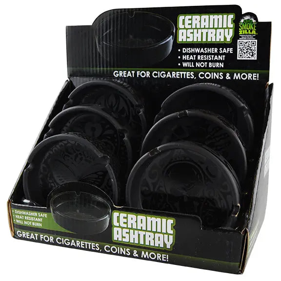 Black Ceramic Ashtray with Matte Black Design - 6 Pieces Per Retail Ready Display 21921 SMOKEZILLA