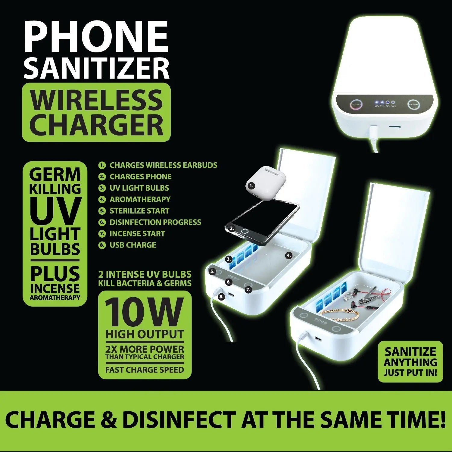 Cell Phone Sanitizer and Wireless Charger 10 Watts - 4 Pieces Per Retail Ready Display  21942 GADGET GEAR
