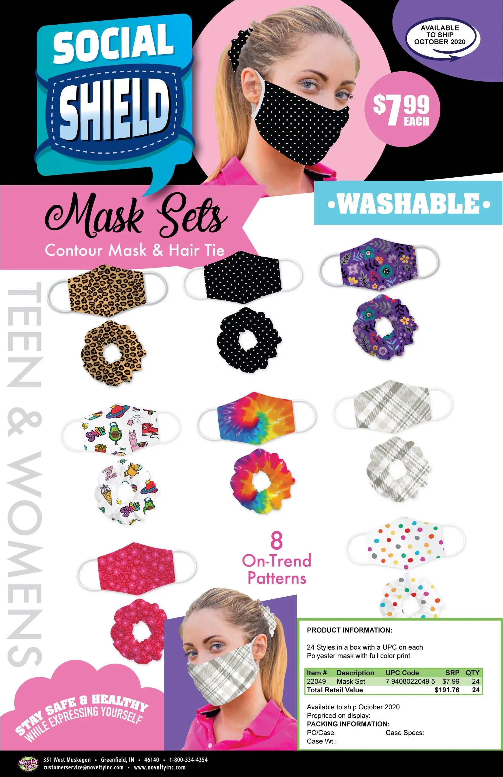 Adult Face Mask and Hairtie Set 24 Pieces Per Retail Ready Display 22049 NOVELTY INC