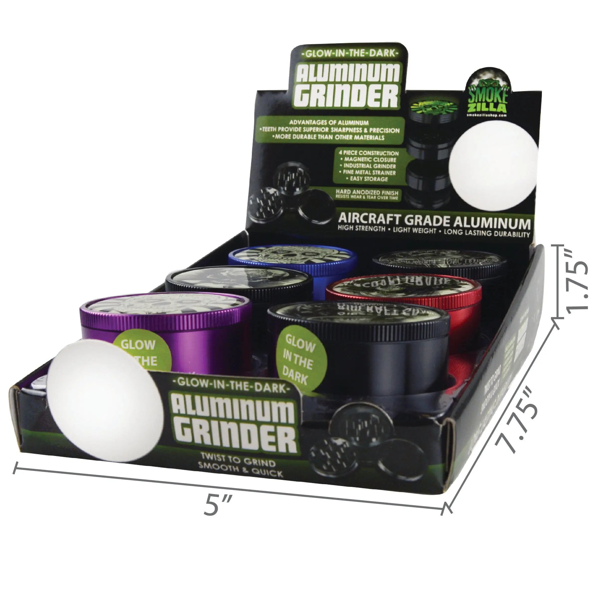 Metal Glow in The Dark 4 Piece Grinder 63Mm - 6 Pieces Per Retail Ready Display 22063 SMOKEZILLA