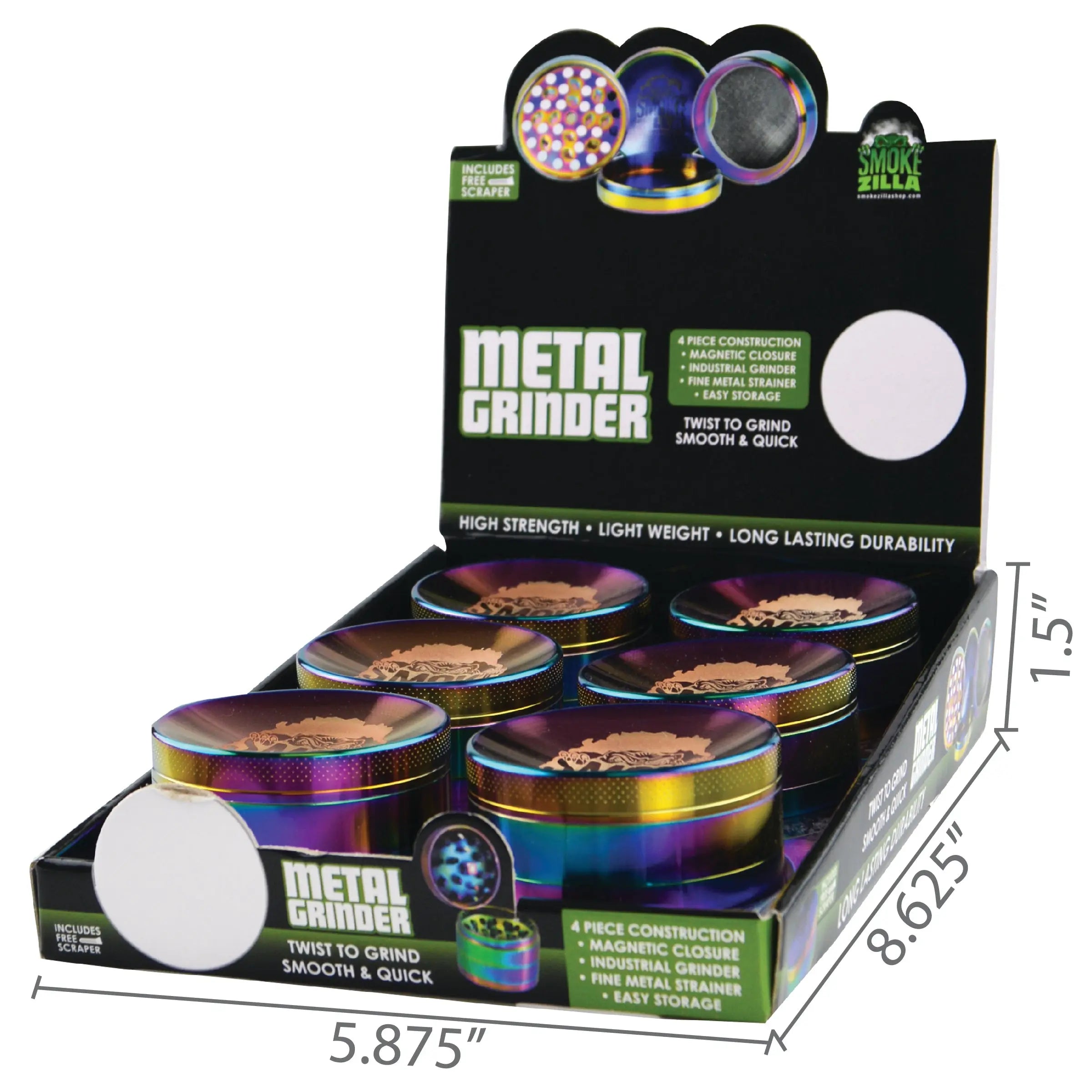 Metal 4 Piece Rainbow Grinder - 6 Pieces Per Retail Ready Display 22064 SMOKEZILLA