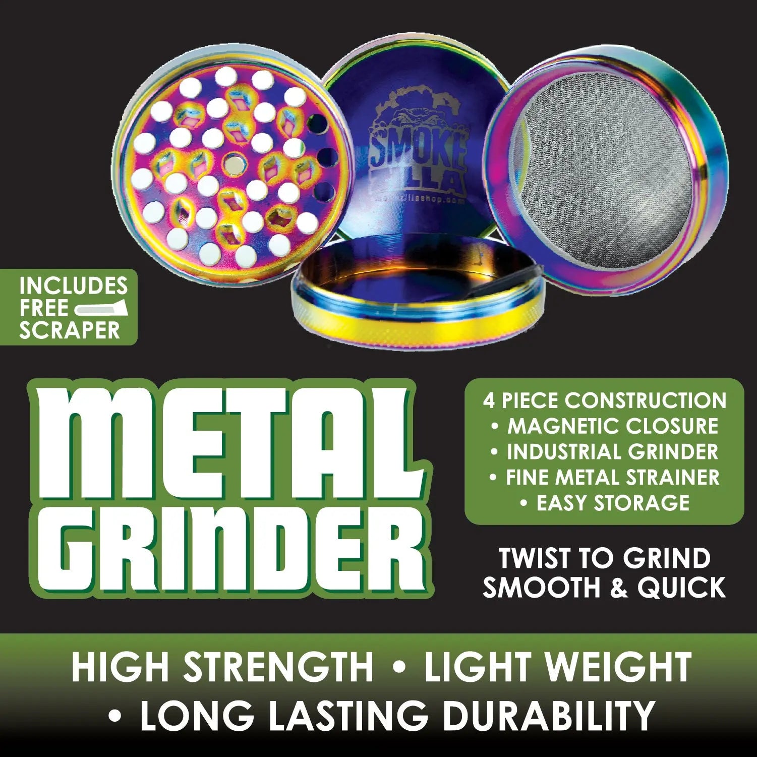 Metal 4 Piece Rainbow Grinder - 6 Pieces Per Retail Ready Display 22064 SMOKEZILLA