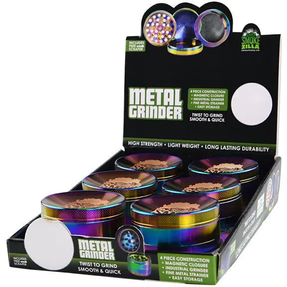 Metal 4 Piece Rainbow Grinder - 6 Pieces Per Retail Ready Display 22064 SMOKEZILLA