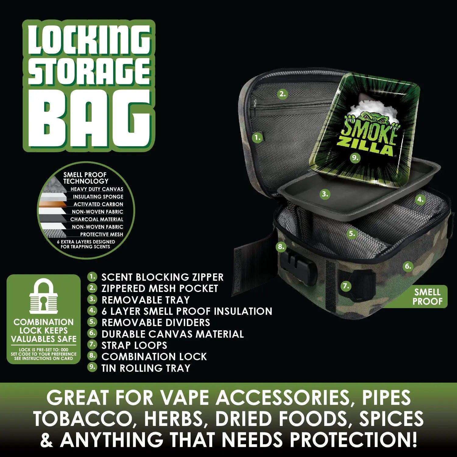 Smell Proof Canvas Lock Bag with Roll Tray - 4 Pieces Per Retail Ready Display 22150 SMOKEZILLA