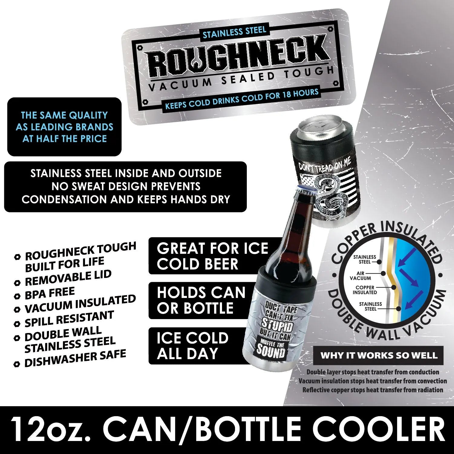 Metal Insulated 12 Oz Can Cooler - 6 Pieces Per Retail Ready Display 22269 ROUGHNECK