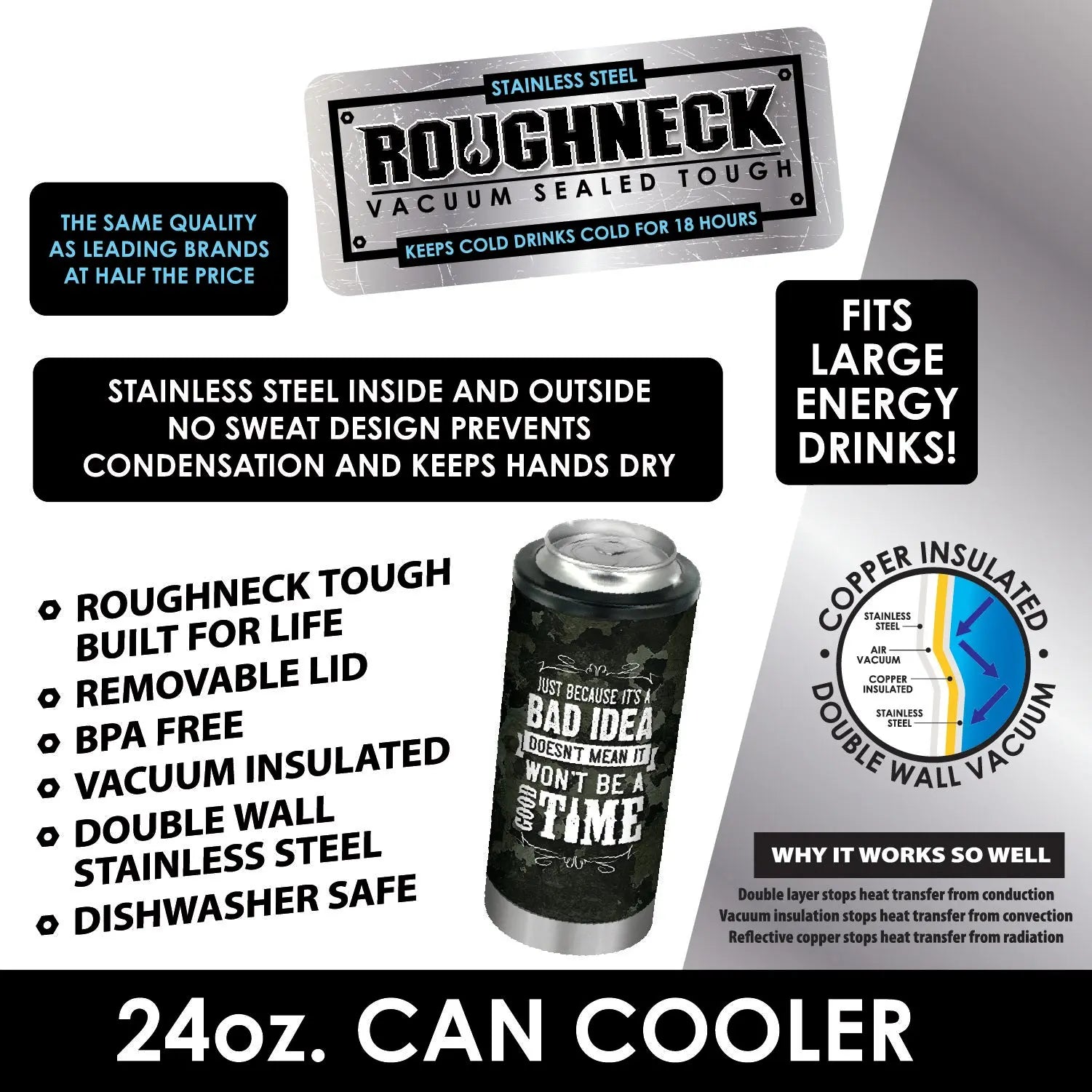 Metal Insulated 24 Oz Can Cooler - 6 Pieces Per Retail Ready Display 22273 ROUGHNECK