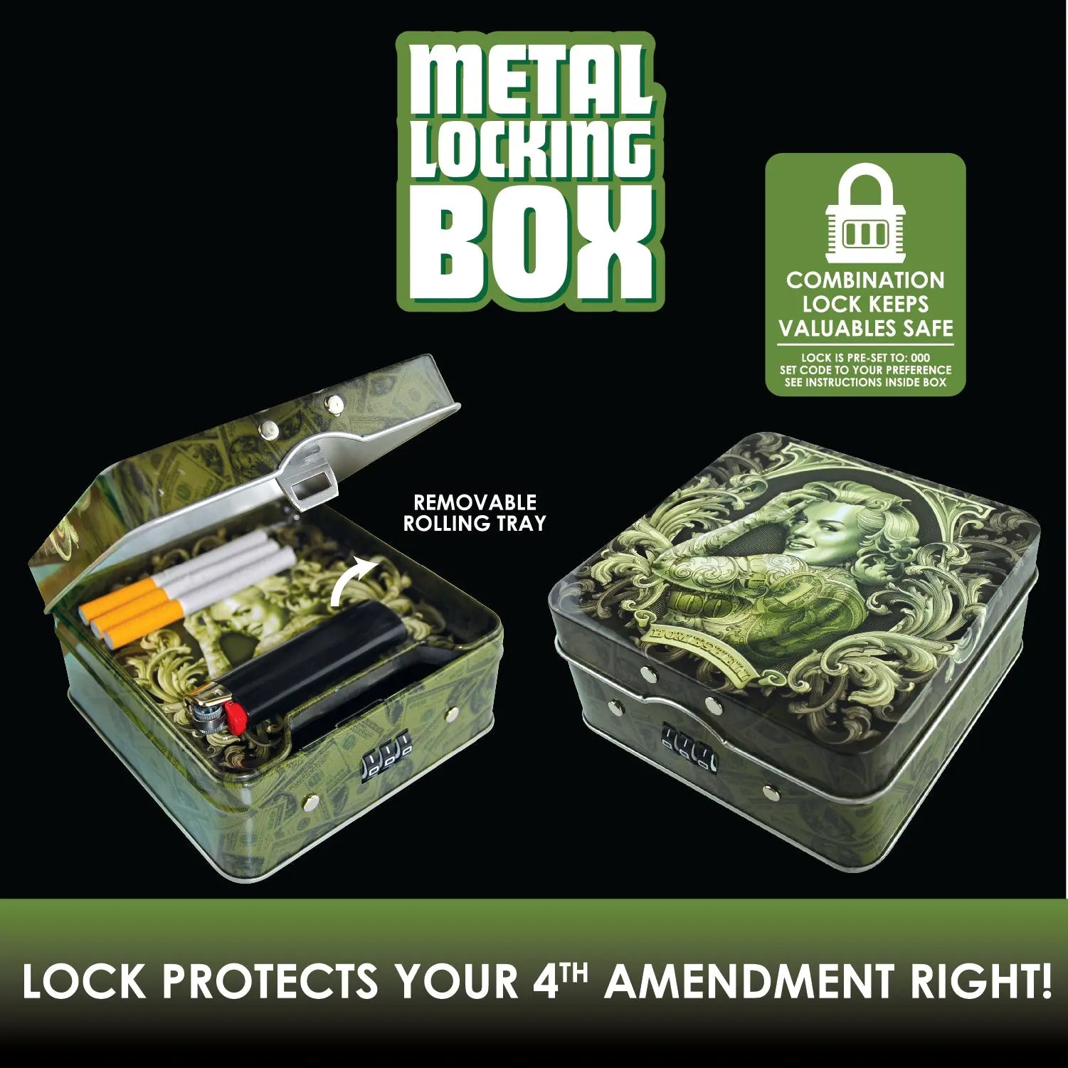 Metal Locking Storage Box with Roll Tray - 6 Pieces Per Retail Ready Display 22276 SMOKEZILLA