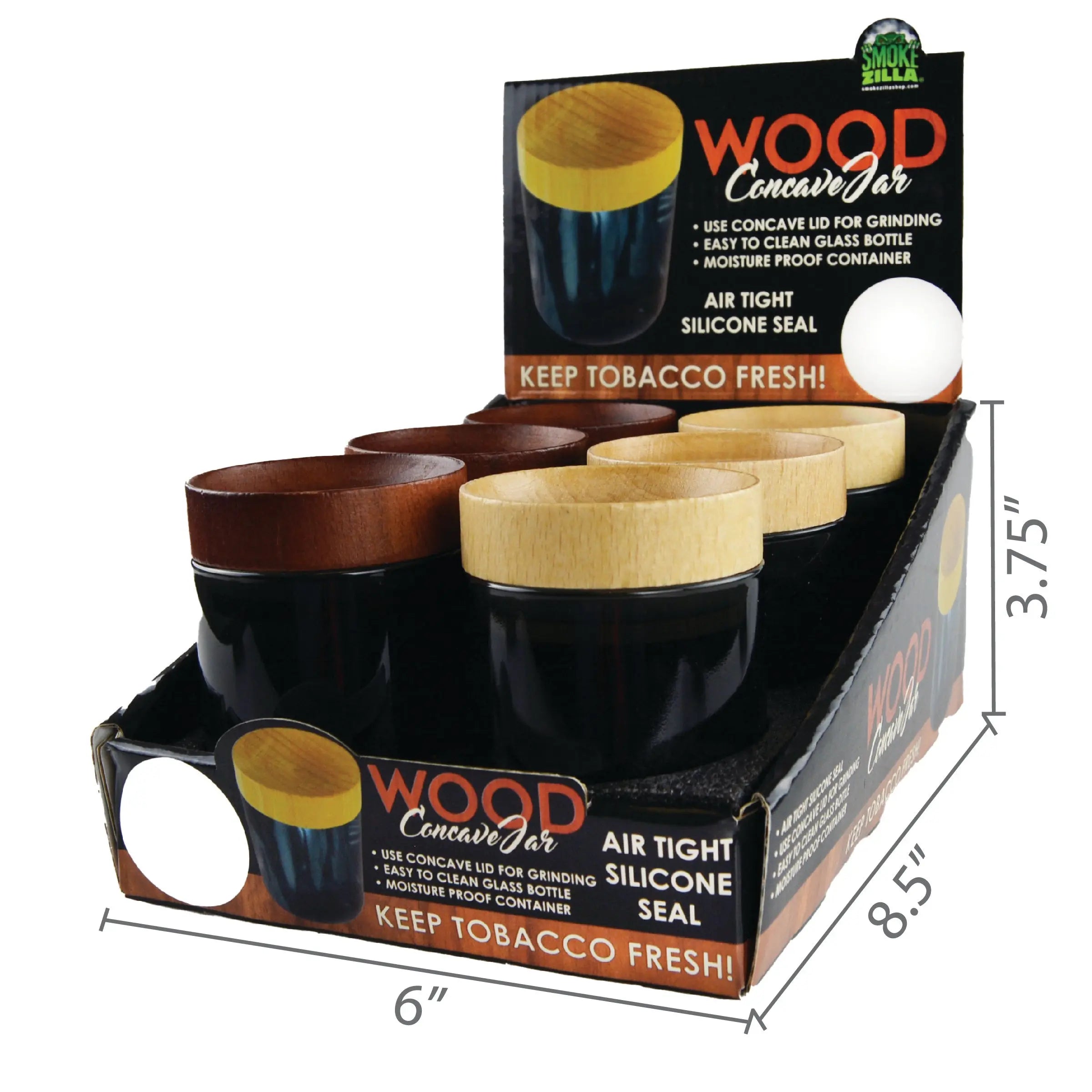 Smell Proof Storage Jar with Concave Wood Lid - 6 Pieces Per Retail Ready Display 22281 SMOKEZILLA