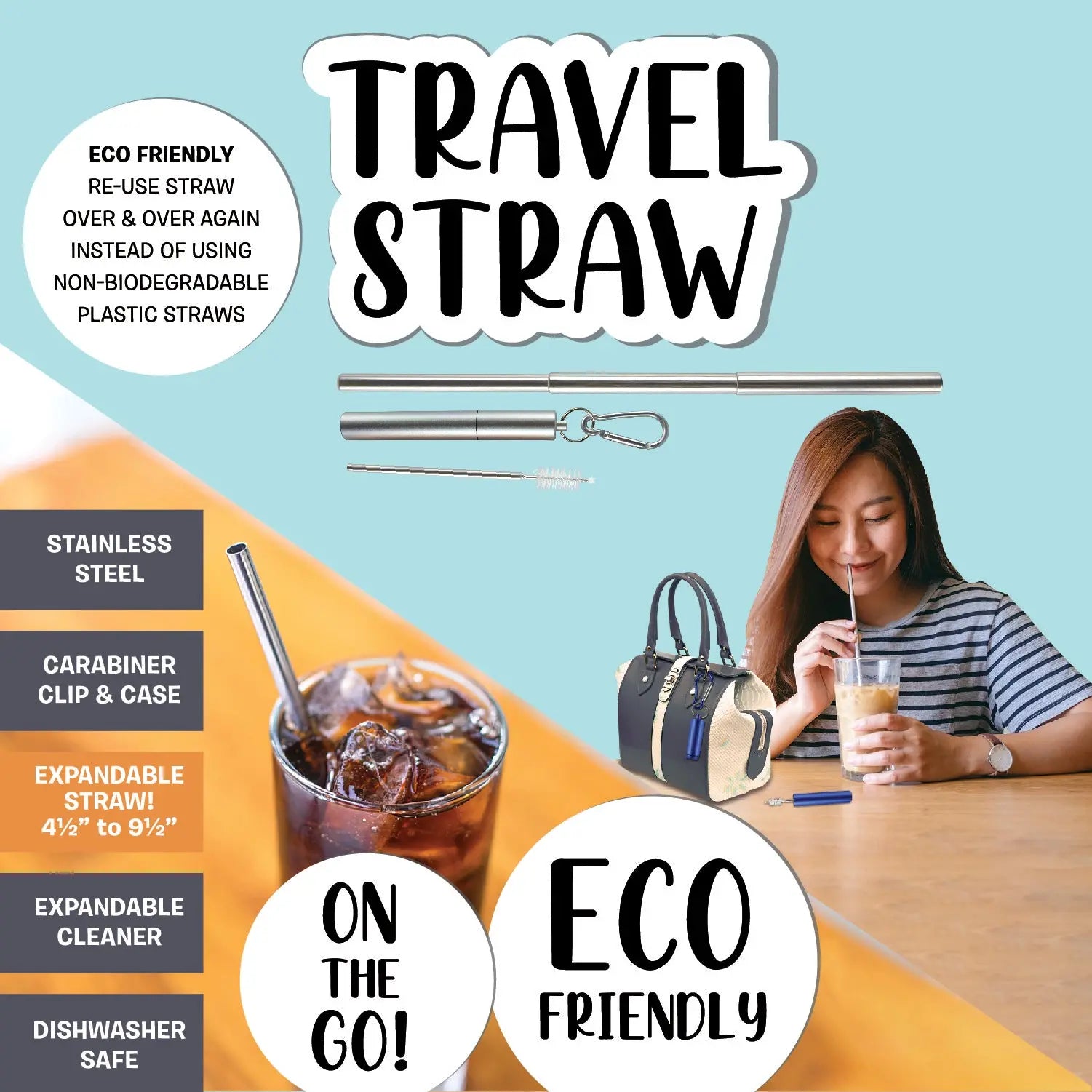 Expandable Stainless-Steel Straw with Carabineer - 12 Pieces Per Retail Ready Display 22285 POLAR GEAR