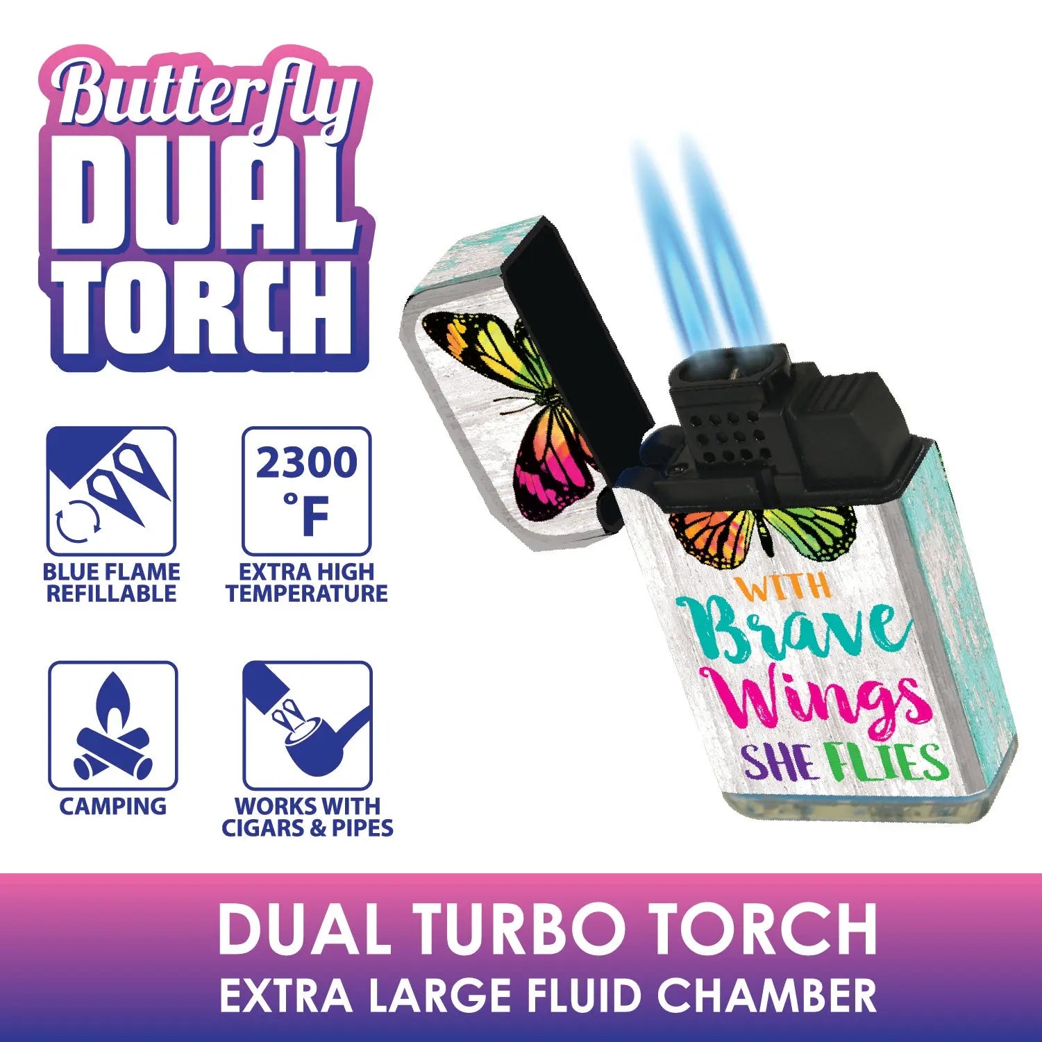 Butterfly Dual Torch Lighter - 12 Pieces Per Retail Ready Display 22336 SMOKEZILLA