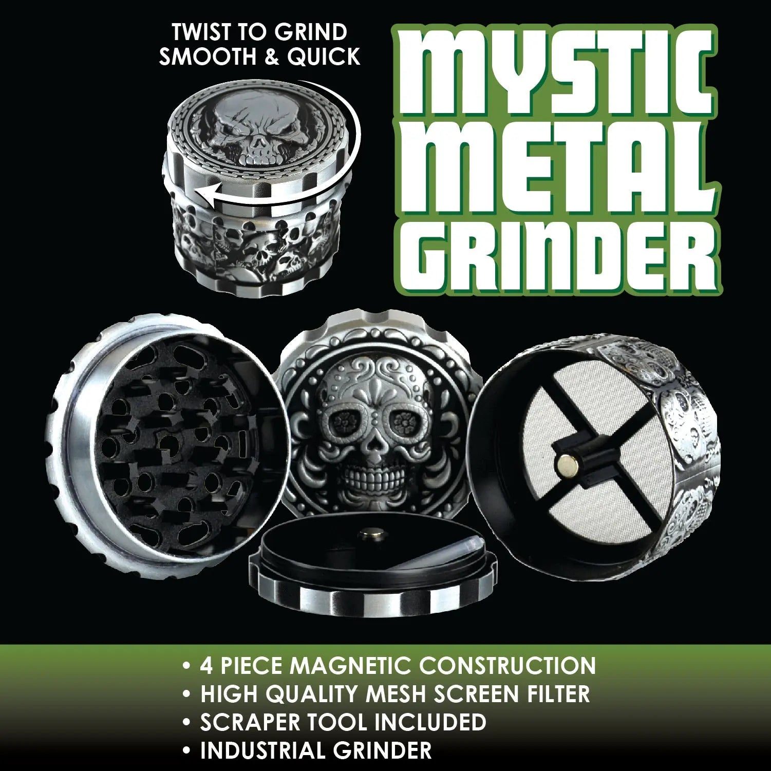 Metal 4 Piece Mystic Grinder- 6 Pieces Per Retail Ready Display 22349 SMOKEZILLA