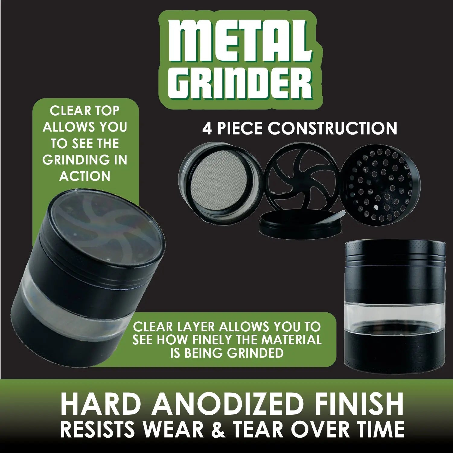Metal 4 Piece Grinder with Clear Top and Mid-Layer 52Mm - 6 Pieces Per Retail Ready Display 22350 SMOKEZILLA
