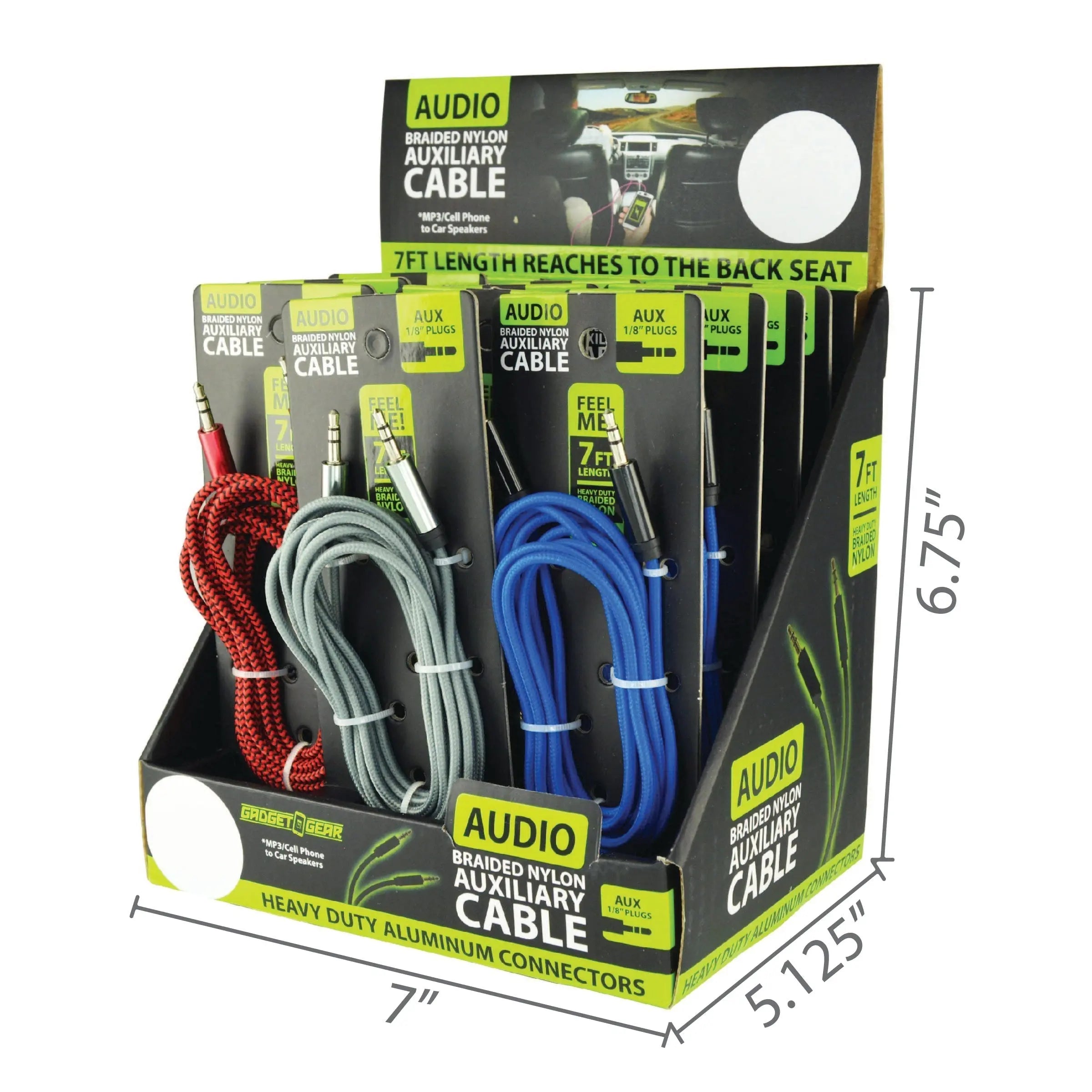 Braided Nylon Auxiliary Cable 7FT - 12 Pieces Per Retail Ready Display 22377B GADGET GEAR