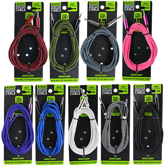 Braided Nylon Auxiliary Cable 7FT - 12 Pieces Per Retail Ready Display 22377B GADGET GEAR