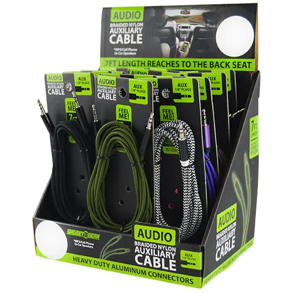 Braided Nylon Auxiliary Cable 7FT - 12 Pieces Per Retail Ready Display 22377B GADGET GEAR