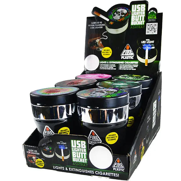 Printed Lid Butt Bucket Ashtray with USB Coil Lighter and LED Light - 6 Per Retail Ready Display 22378 SMOKEZILLA