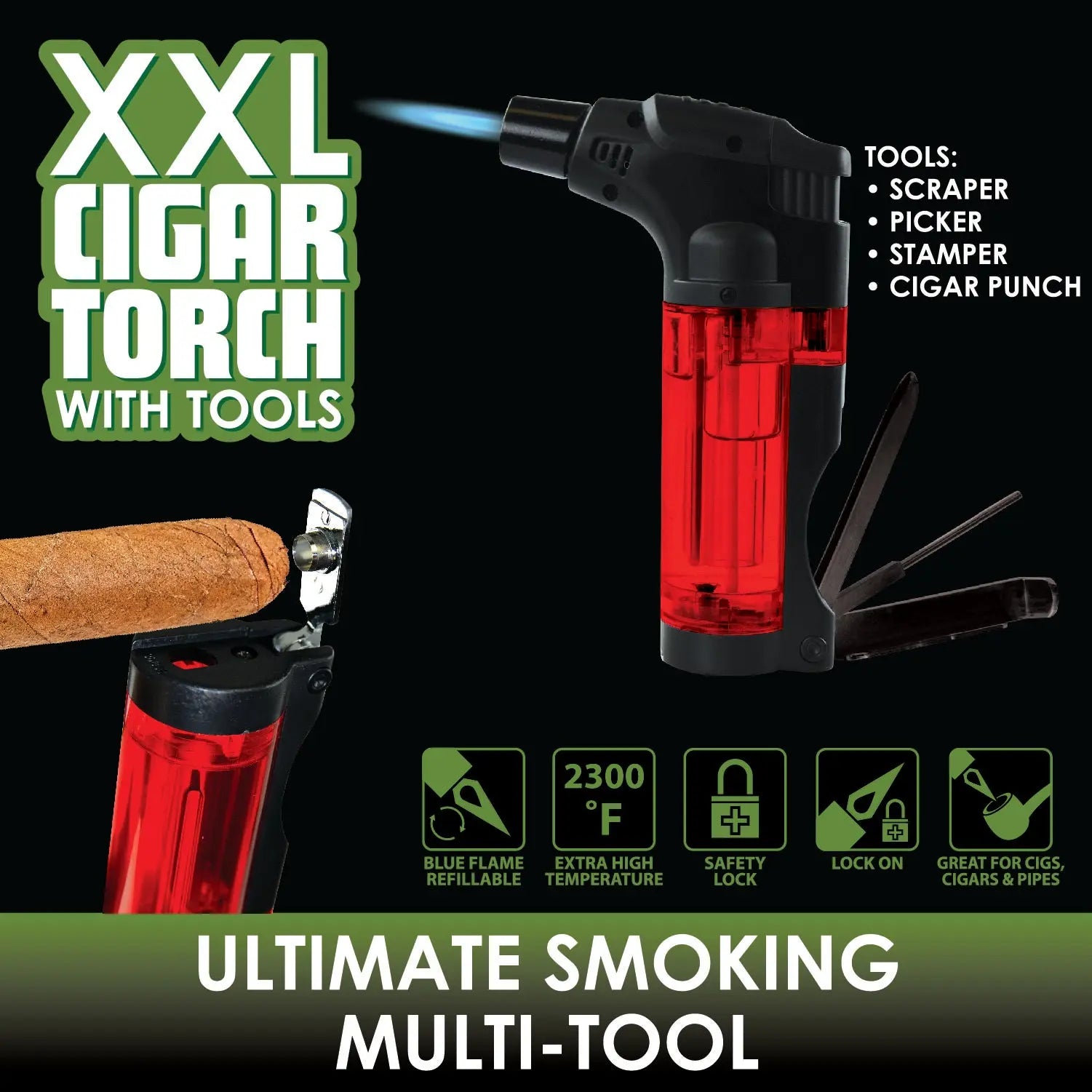 Torch Lighter XXL with Cigar Tools - 12 Pieces Per Retail Ready Display 22384 SMOKEZILLA