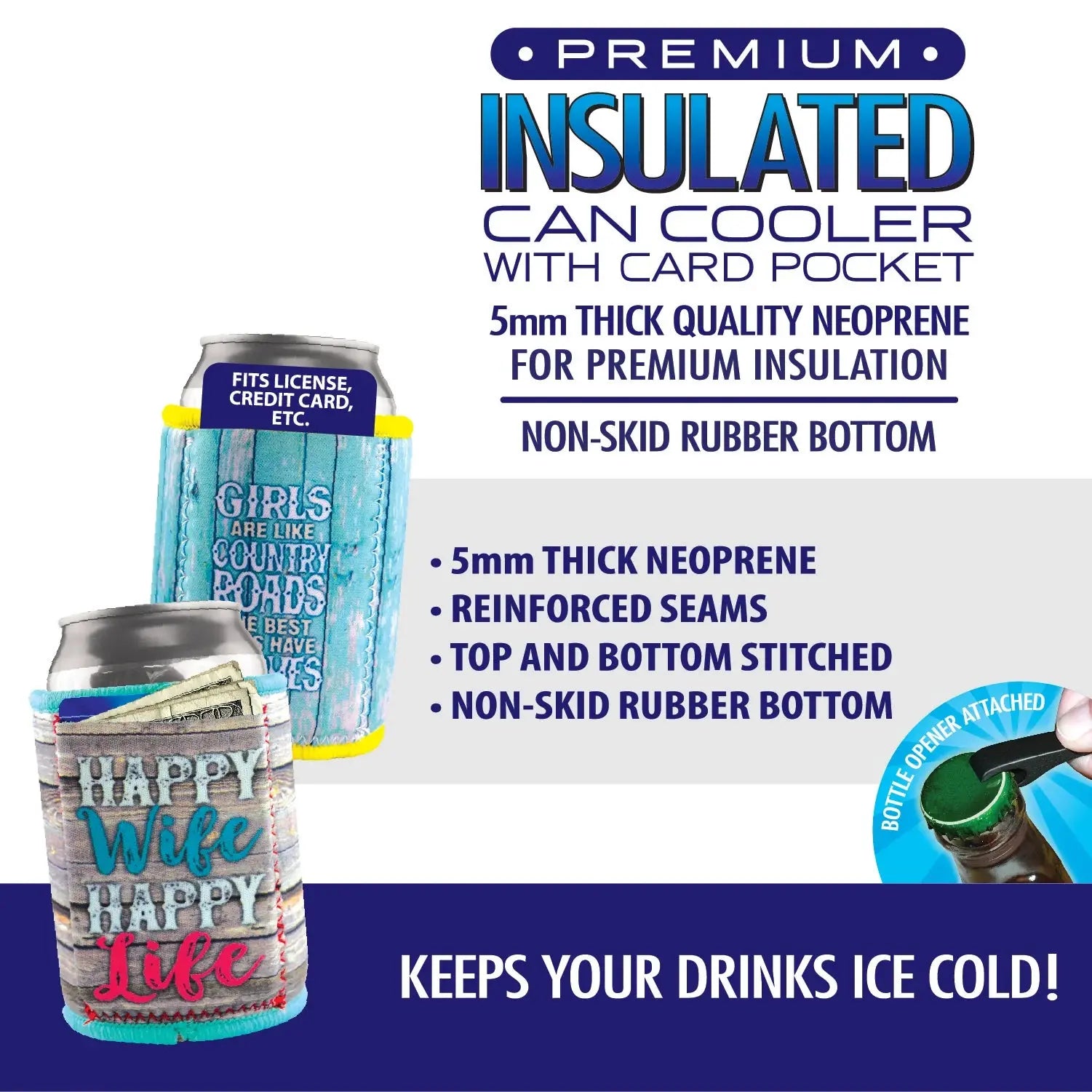 Neoprene Can and Bottle Cooler with Card Pocket - 6 Pieces Per Retail Ready Display 26454 POLAR GEAR