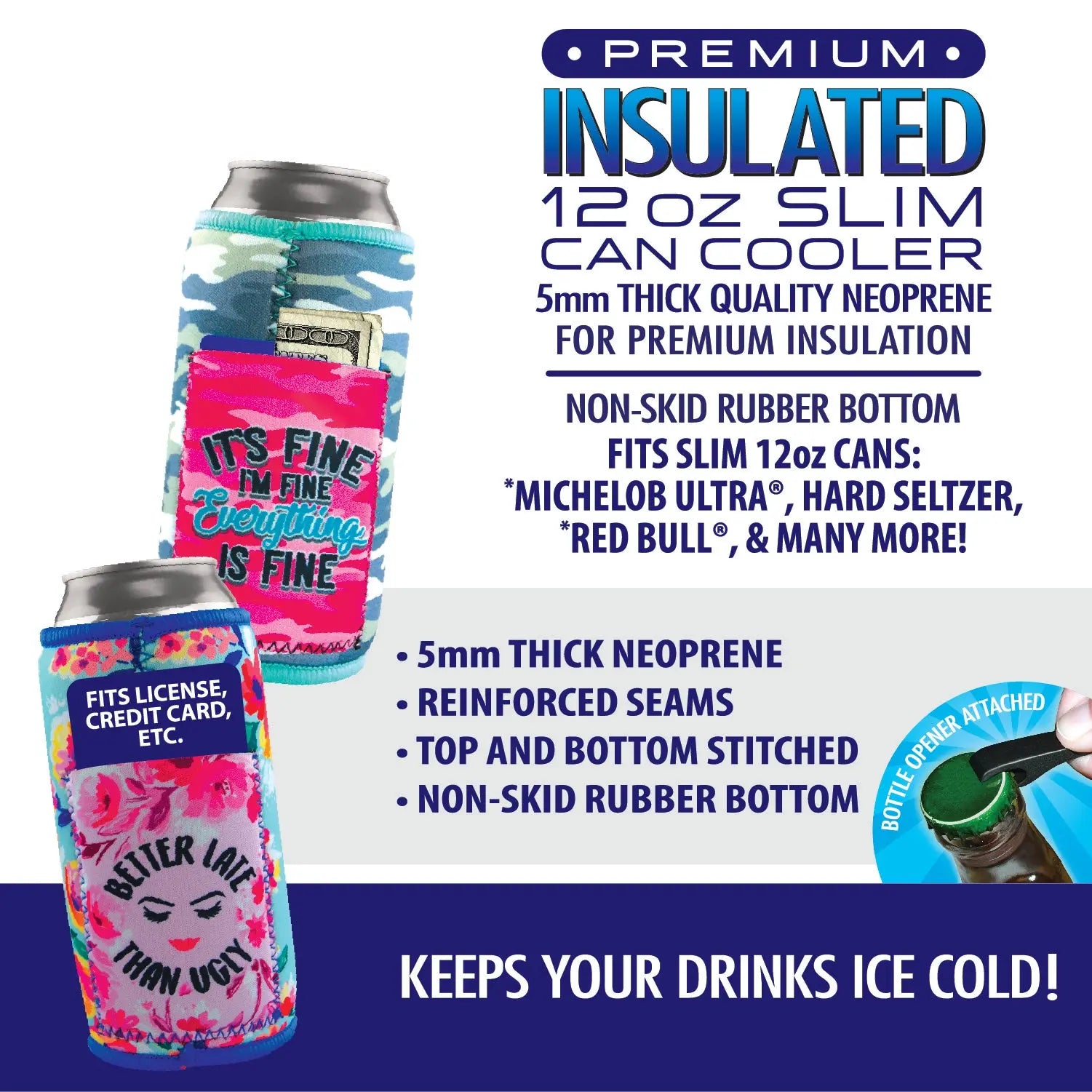 Neoprene Slim Can Cooler with Card Pocket - 6 Pieces Per Retail Ready Display 22472 POLAR GEAR