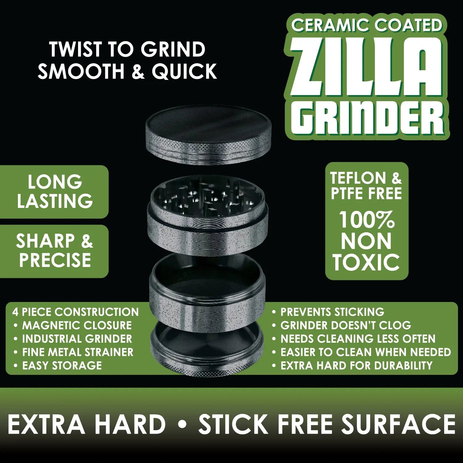 Ceramic Coated 4 Piece Grinder with Magnetic Closure - 4 Pieces Per Retail Ready Display 22486 SMOKEZILLA