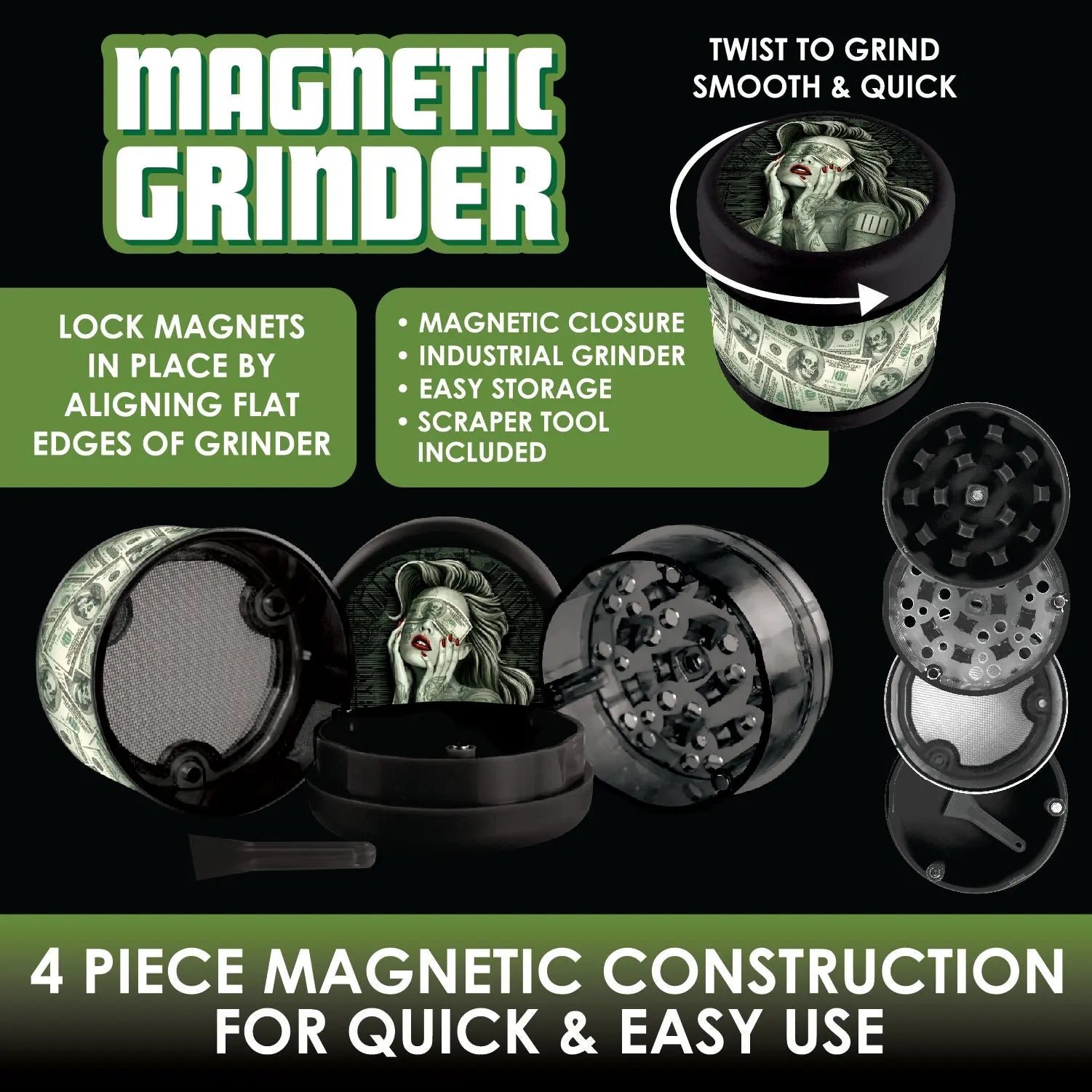 Plastic 4 Piece Grinder with Magnetic Closure - 6 Pieces Per Retail Ready Display 22523 SMOKEZILLA